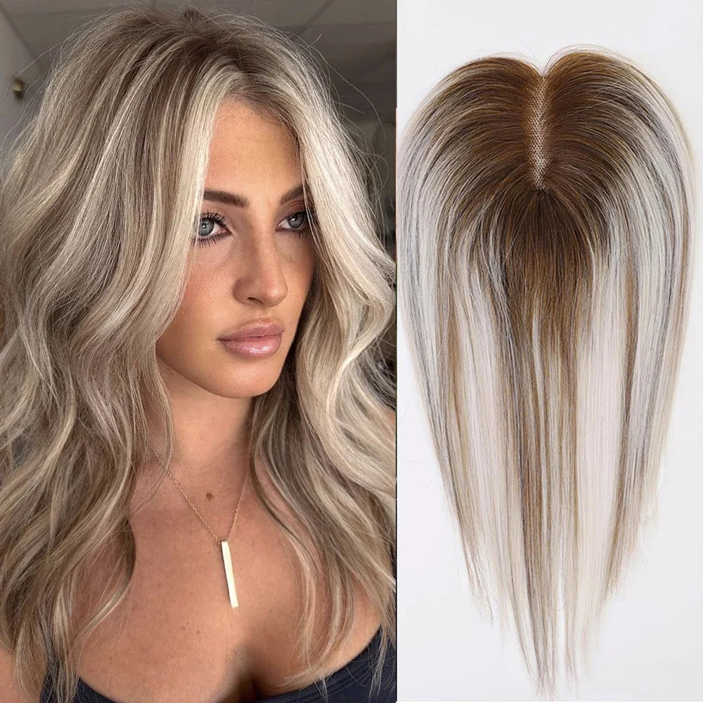 Ash Gray Brown Human Hair Topper — 100% Remy