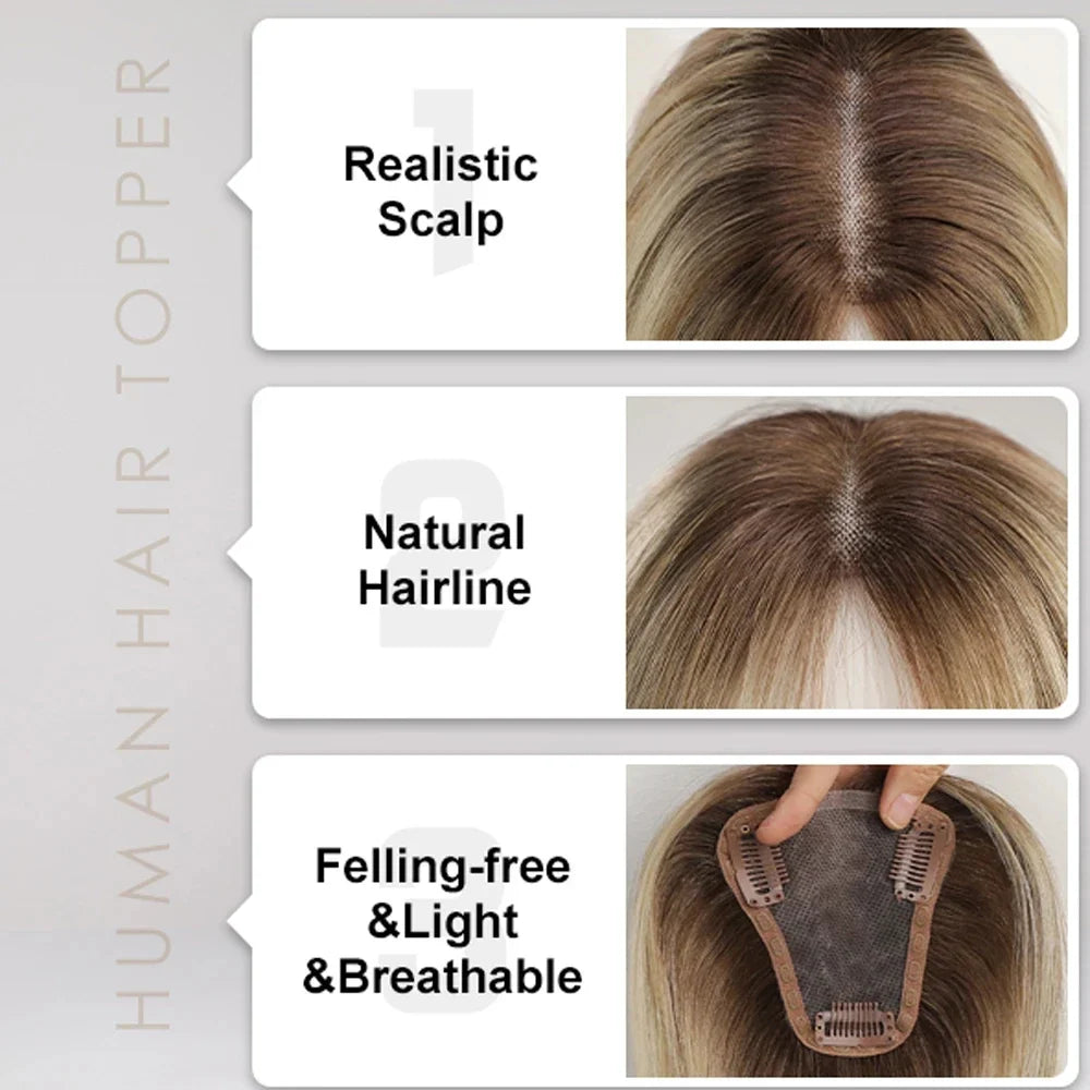 Ash Gray Brown Human Hair Topper — 100% Remy