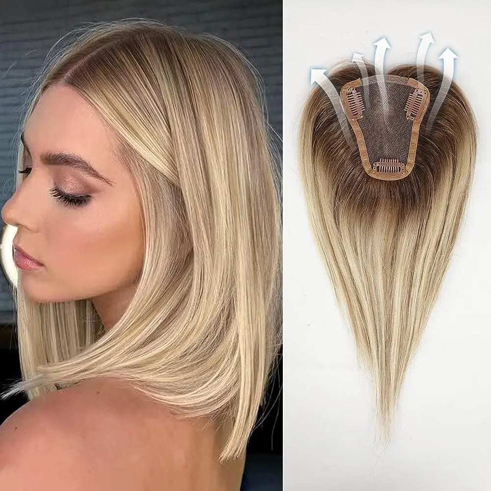 Ash Gray Brown Human Hair Topper — 100% Remy