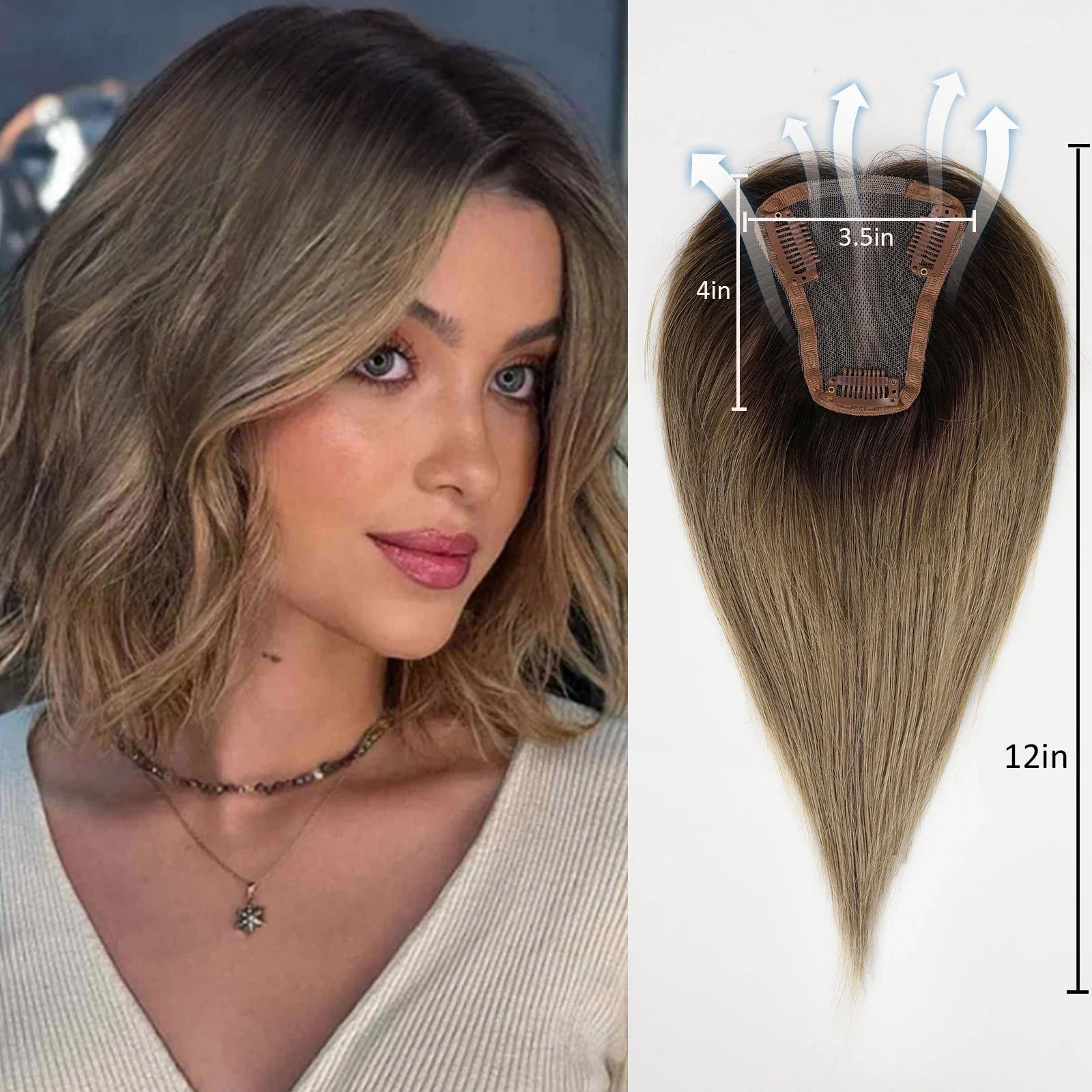 Ash Gray Brown Human Hair Topper — 100% Remy
