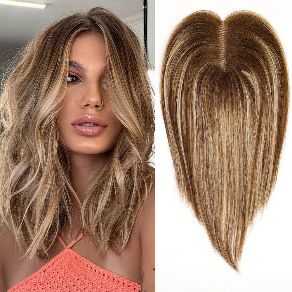 Ash Gray Brown Human Hair Topper — 100% Remy