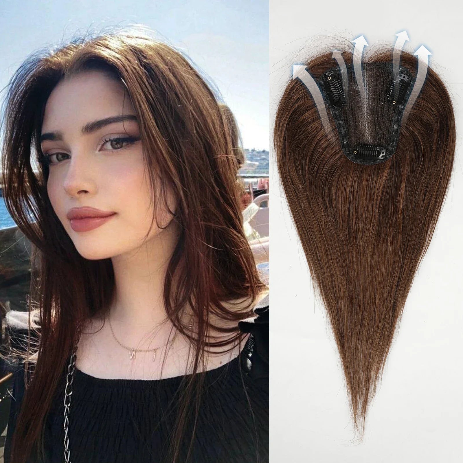 Ash Gray Brown Human Hair Topper — 100% Remy