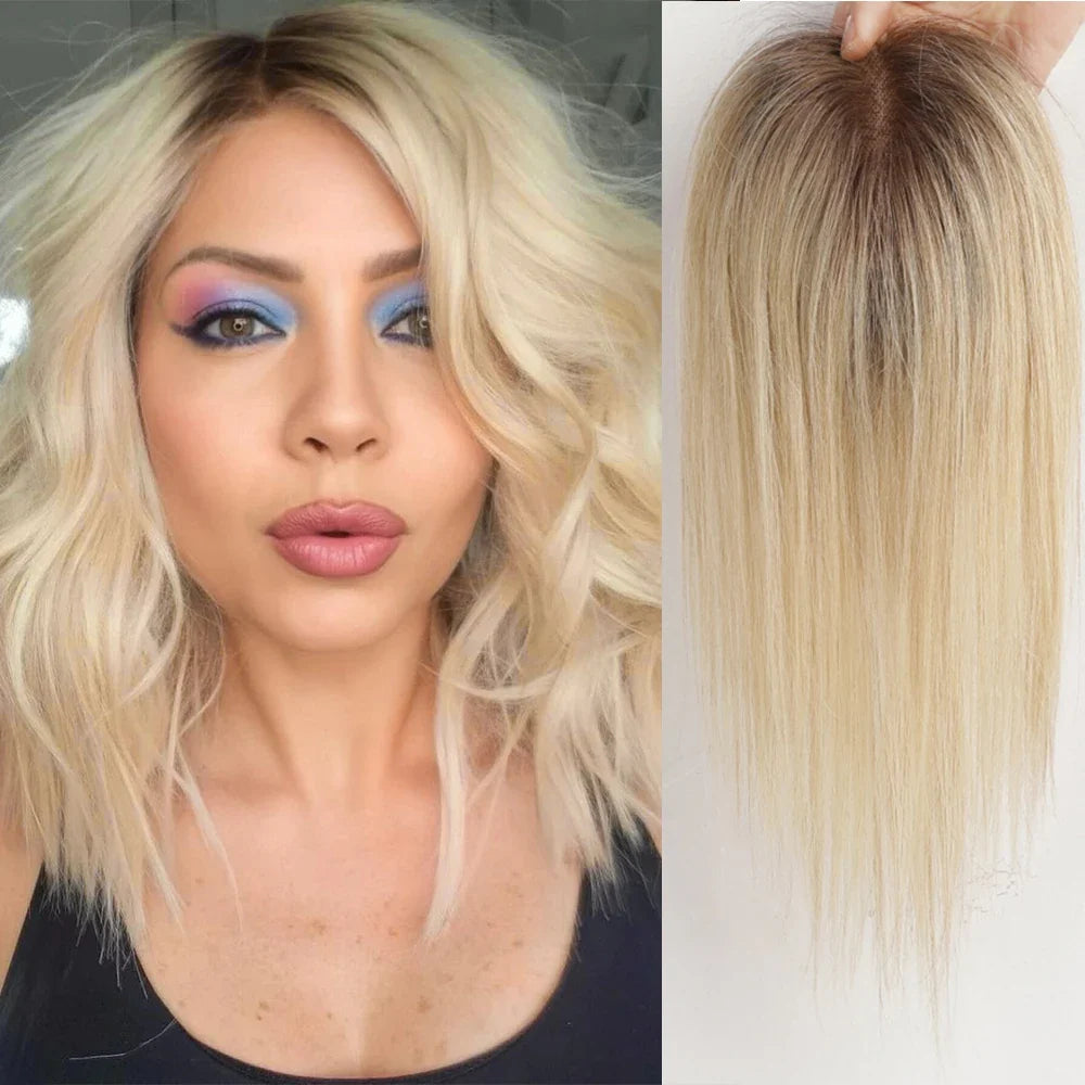 Ash Gray Brown Human Hair Topper — 100% Remy