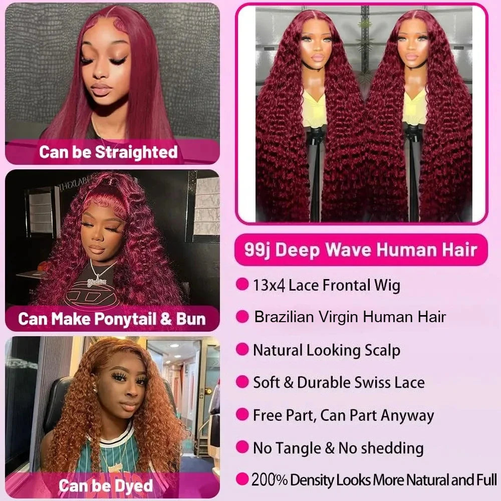 Burgundy 99J Deep Wave Human Hair Wig – 13x4 HD Lace Frontal | 200% & 250% Density