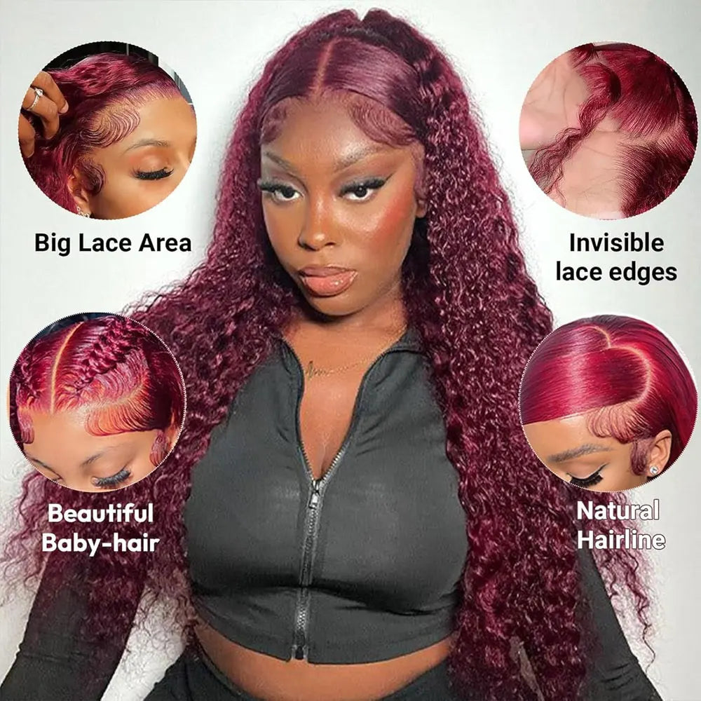 Burgundy 99J Deep Wave Human Hair Wig – 13x4 HD Lace Frontal | 200% & 250% Density