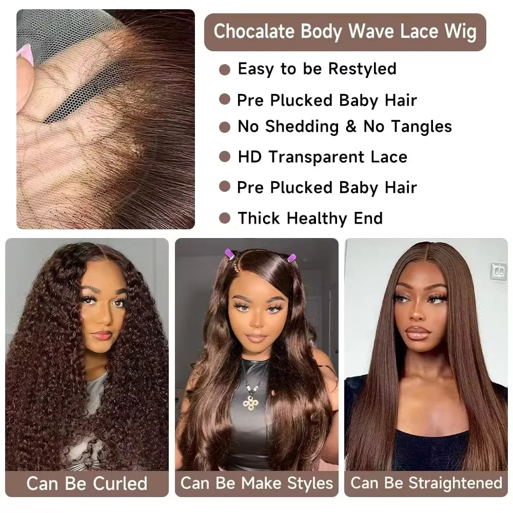 Chocolate Brown Body Wave Human Hair Wig – 13x4 & 13x6 HD Lace Frontal | Up to 46 Inches