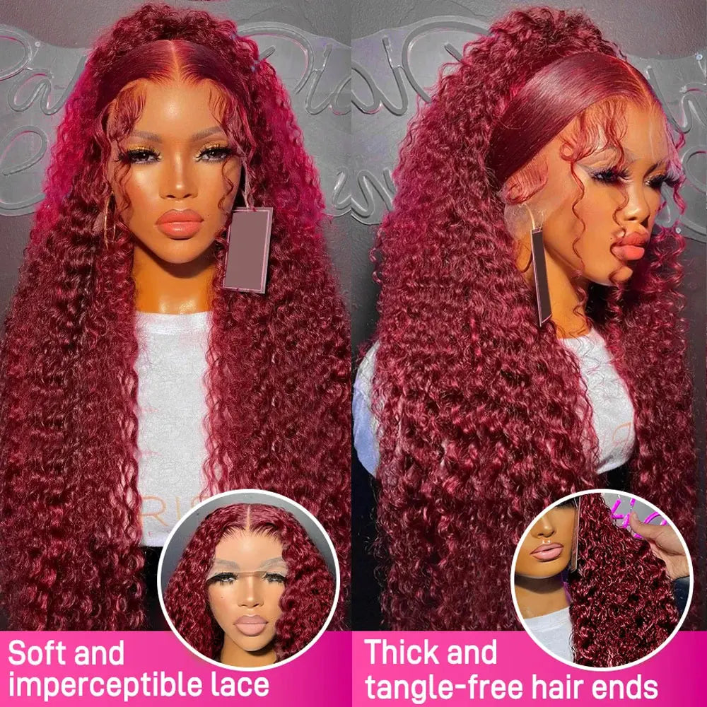 Burgundy 99J Deep Wave Human Hair Wig – 13x4 HD Lace Frontal | 200% & 250% Density