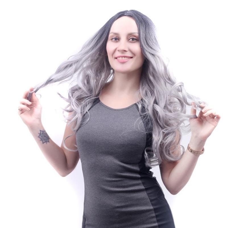 Medium Curly Wig with Bangs - Gray
